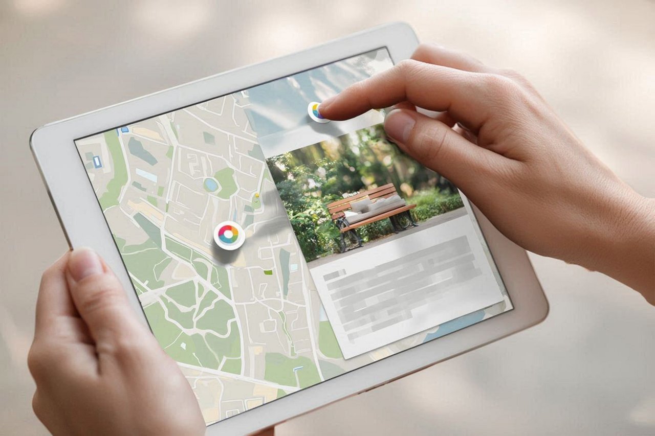 Tablet mit App Mockup, gehalten von zwei Händen, die eine Hand bedient die App. 