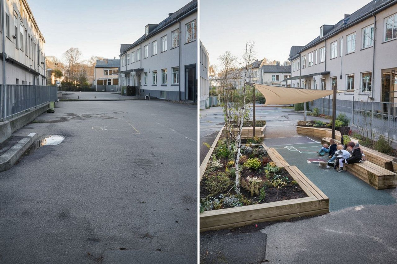 Vorher-Nachher Bild, links ein leerer asphaltierter Innenhof, rechts der selbe Hof mit Hochbeeten, Bänken und Sonnensegel